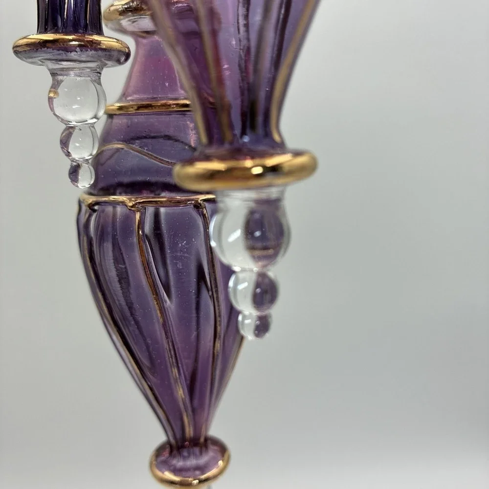 Purple Hand Blown Glass Ornaments Gold Filigree Teardrop Finial Set of 3 6